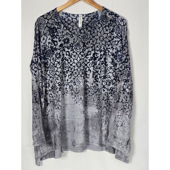 Cubism Floral Hacci Print Top Blue & Grey Long Sleeve Round Neck Tunic Style XL - Picture 2 of 8